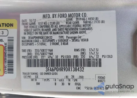 2013 Ford Fusion Se from USA, damaged, VIN 3FA6P0HR9DR138432